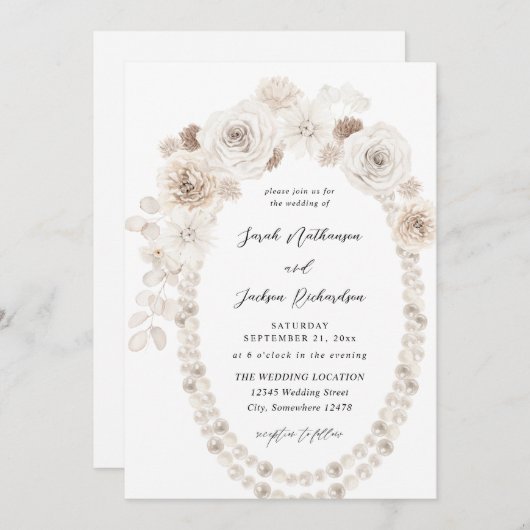Perlen und Hochzeiten mit weißer Blüte Einladung (Vorne/Hinten)