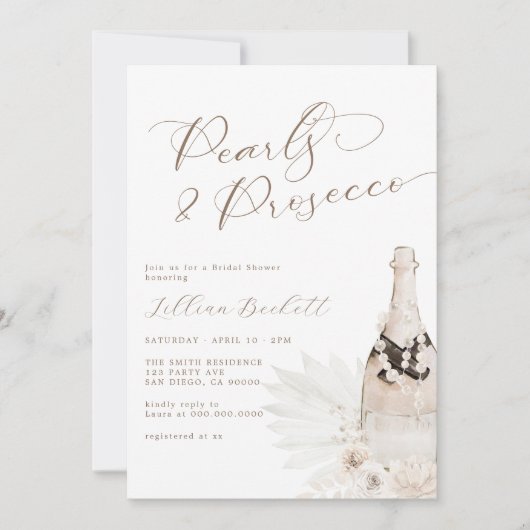 Perlen und neutrales Prosecco-Script-Brautparty Einladung (Vorderseite)