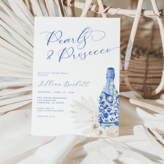 Perlen und Prosecco Blue Script Brautparty Einladung