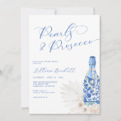 Perlen und Prosecco Blue Script Brautparty Einladung (Vorderseite)