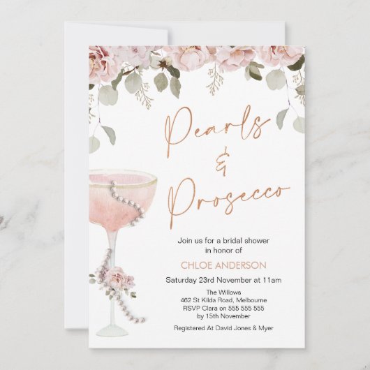 Perlen und Prosecco Blush Brautparty Einladung (Vorderseite)
