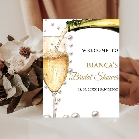 Perlen und Prosecco Brautparty Begrüßungszeichen Sockelschild