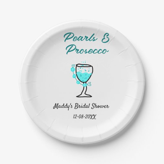 Perlen und Prosecco Brautparty Blau Schwarz Name Pappteller (Vorderseite)