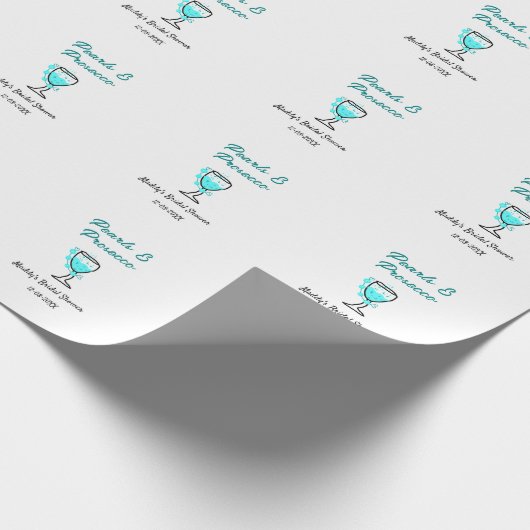 Perlen und Prosecco-Brautparty blau-schwarzer Name Geschenkpapier (Ecke)