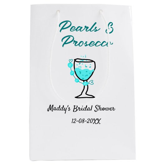 Perlen und Prosecco Brautparty blau schwarzer Name Mittlere Geschenktüte (Vorderseite)