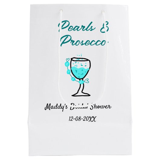 Perlen und Prosecco-Brautparty blau schwarzer Name Mittlere Geschenktüte (Rückseite)