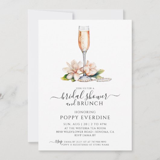 Perlen und Prosecco Brautparty Brunch Einladung (Vorderseite)