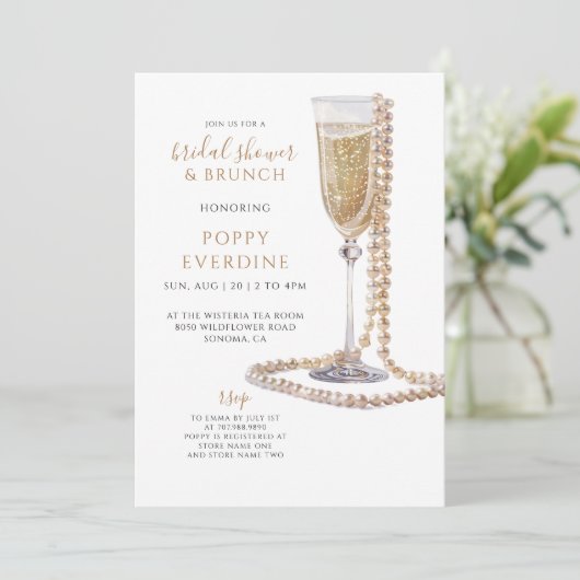 Perlen und Prosecco Brautparty Brunch Einladung (Stehend Vorderseite)