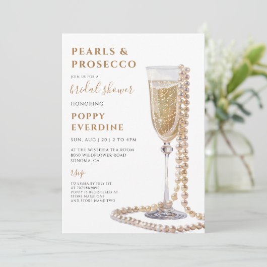 Perlen und Prosecco Brautparty Brunch Einladung (Stehend Vorderseite)