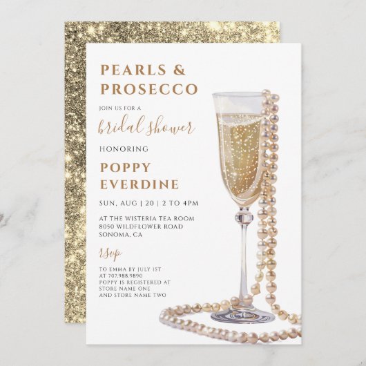 Perlen und Prosecco Brautparty Brunch Einladung (Vorne/Hinten)