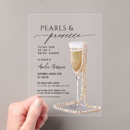 Perlen und Prosecco-Brautparty Champagner Acryleinladungen (Insitu (Handheld))