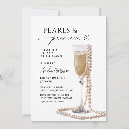 Perlen und Prosecco-Brautparty Champagner Einladung (Vorderseite)