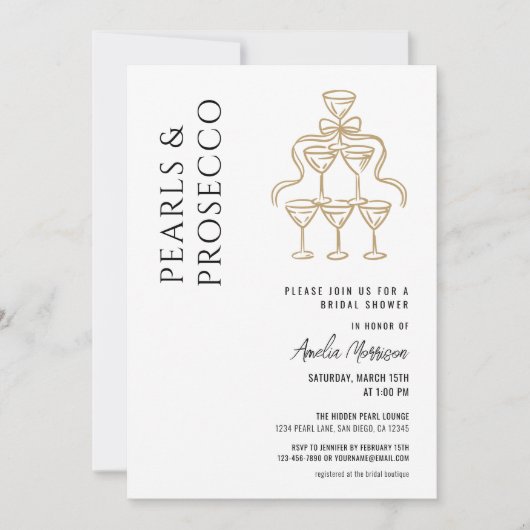 Perlen und Prosecco-Brautparty Champagner Einladung (Vorderseite)