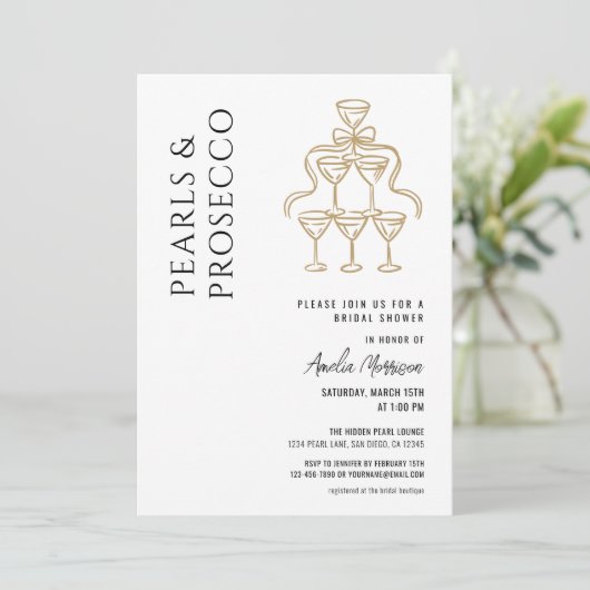 Perlen und Prosecco-Brautparty Champagner Einladung (Stehend Vorderseite)