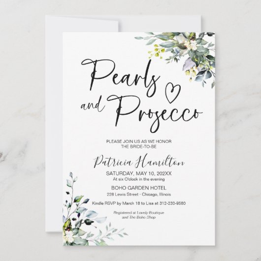 Perlen und Prosecco-Brautparty Einladung (Vorderseite)