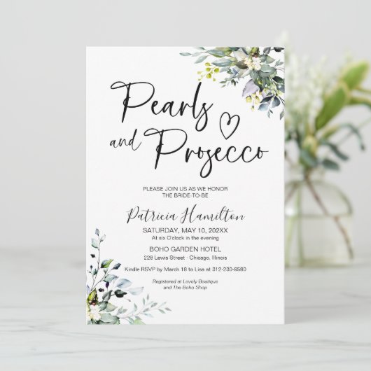 Perlen und Prosecco-Brautparty Einladung (Stehend Vorderseite)