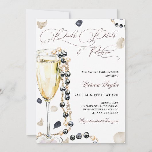 Perlen und Prosecco-Brautparty Einladung (Vorderseite)