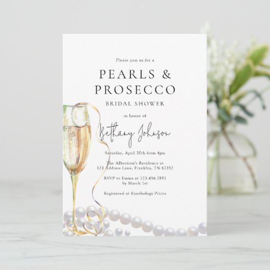 Perlen und Prosecco-Brautparty Einladung (Stehend Vorderseite)