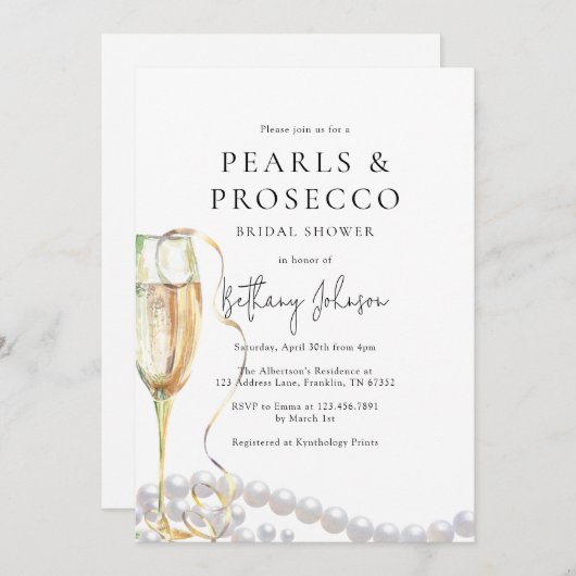 Perlen und Prosecco-Brautparty Einladung (Vorne/Hinten)