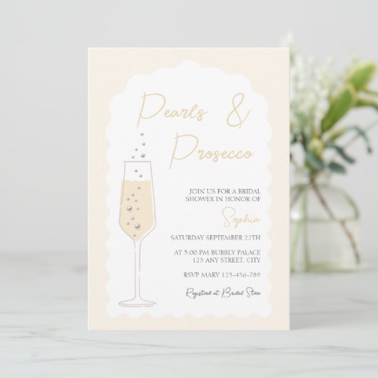 Perlen und Prosecco-Brautparty Einladung (Stehend Vorderseite)