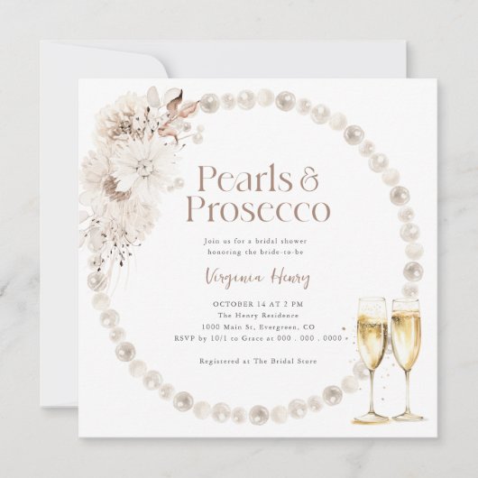Perlen und Prosecco-Brautparty Einladung (Vorderseite)