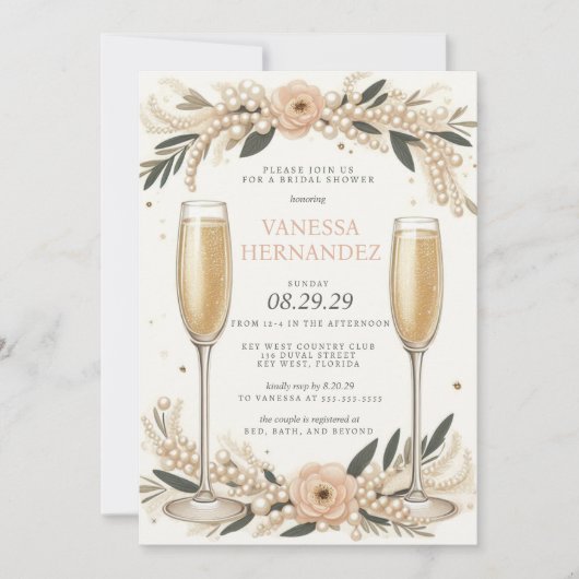 Perlen und Prosecco-Brautparty Einladung (Vorderseite)