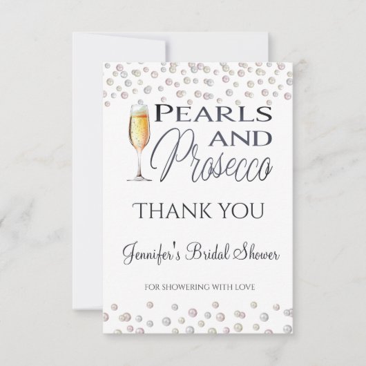 Perlen und Prosecco Brautparty Gefallen Dankeskarte (Vorderseite)