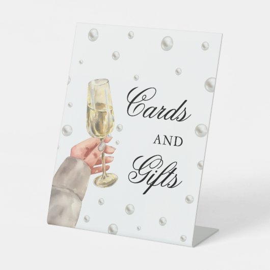 Perlen und Prosecco Brautparty Karten und Geschenk Sockelschild (Vorderseite)