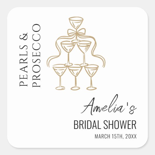 Perlen und Prosecco-Brautparty Quadratischer Aufkleber (Vorderseite)