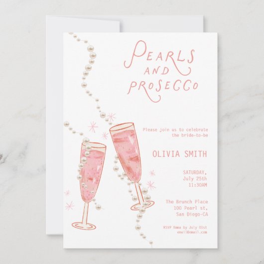 Perlen und Prosecco Brautparty - Rosa Einladung (Vorderseite)