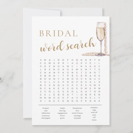 Perlen und Prosecco Brautparty Word Search Game Einladung (Vorderseite)