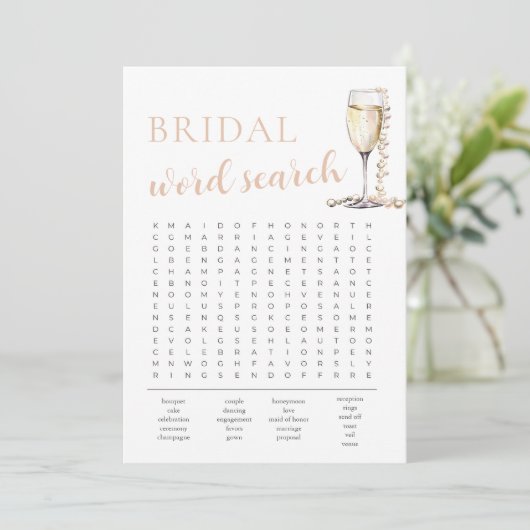 Perlen und Prosecco Brautparty Word Search Game Einladung (Stehend Vorderseite)