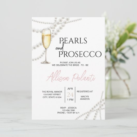 Perlen und Prosecco Bridal Dusche Einladung (Stehend Vorderseite)