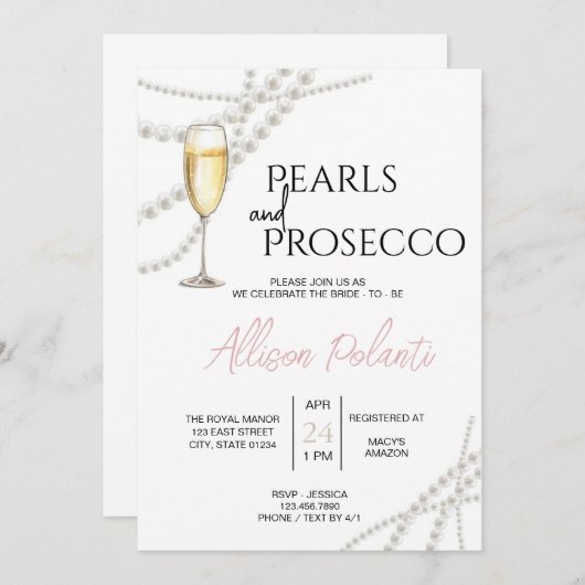 Perlen und Prosecco Bridal Dusche Einladung (Vorne/Hinten)