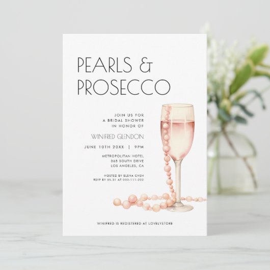 Perlen und Prosecco Bridal Dusche Einladung (Stehend Vorderseite)