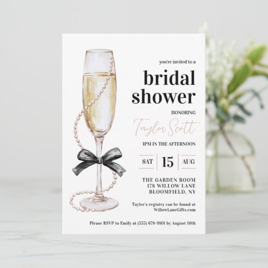 Perlen und Prosecco Bridal Dusche Einladung (Stehend Vorderseite)