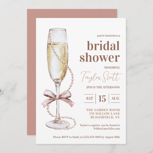 Perlen und Prosecco Bridal Dusche Einladung (Vorne/Hinten)