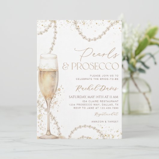 Perlen und Prosecco Bridal Dusche Einladung, Birne Einladung (Stehend Vorderseite)