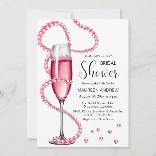 Perlen und Prosecco Dusty Pink Brautparty Einladung (Vorderseite)