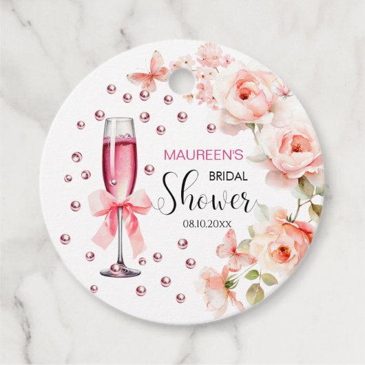 Perlen und Prosecco Dusty Pink Roses Brautparty Geschenkanhänger (Vorderseite)