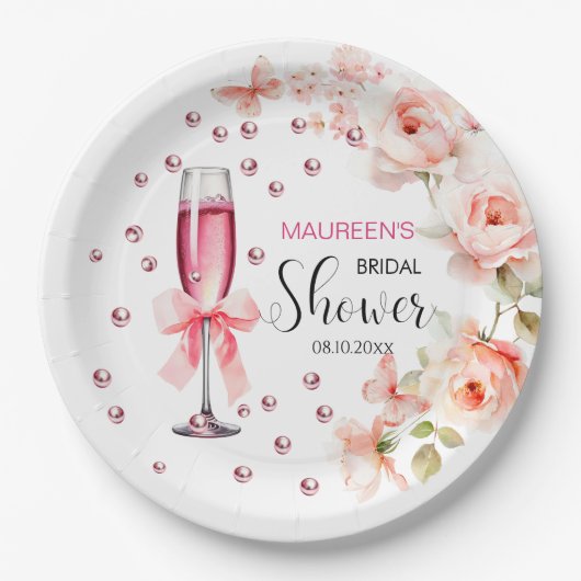 Perlen und Prosecco Dusty Pink Roses Brautparty Pappteller (Vorderseite)