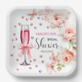 Perlen und Prosecco Dusty Pink Roses Brautparty Pappteller (Vorderseite)