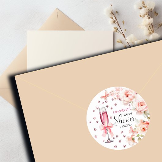 Perlen und Prosecco Dusty Pink Roses Brautparty Runder Aufkleber