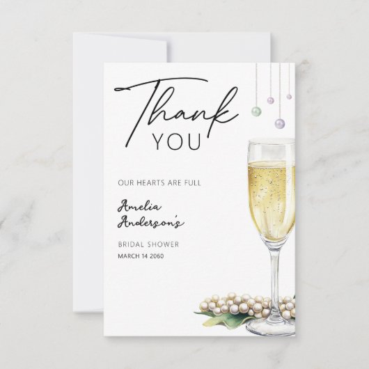Perlen und Prosecco Elegantes Brautparty Dankeskarte (Vorderseite)