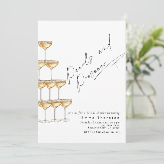Perlen und Prosecco Elegantes Brautparty Einladung (Stehend Vorderseite)