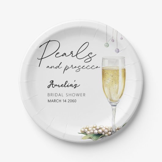 Perlen und Prosecco Elegantes Brautparty Pappteller (Vorderseite)