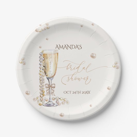 Perlen und Prosecco Elegantes Brautparty Pappteller (Vorderseite)