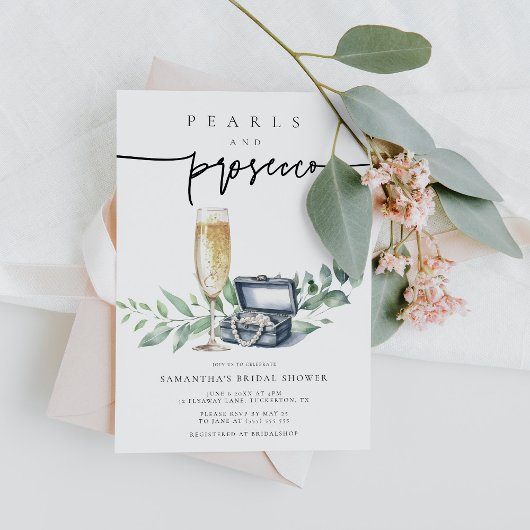 Perlen und Prosecco Elegantes Gold Brautparty Einladung