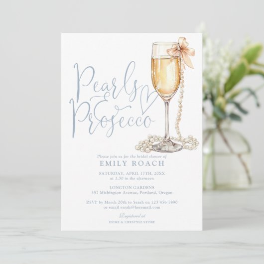 Perlen und Prosecco Foto QR Code Brautparty Einladung (Stehend Vorderseite)