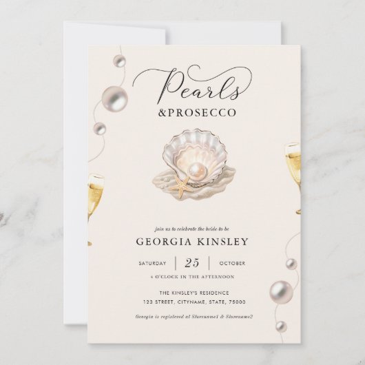 Perlen und Prosecco Küstenmeerküste Seashell-Braut Einladung (Vorderseite)